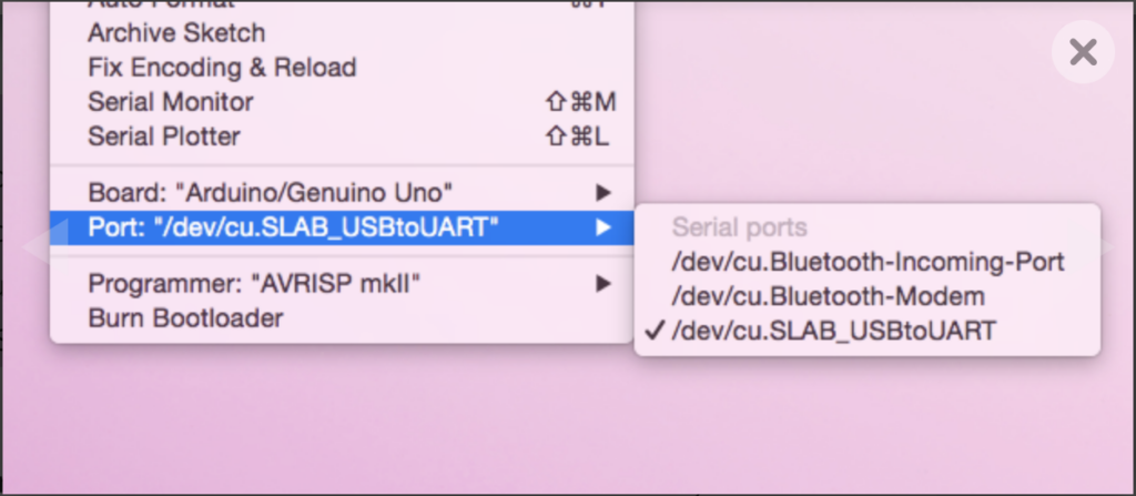 Arduino port menu SLAB_USBtoUART