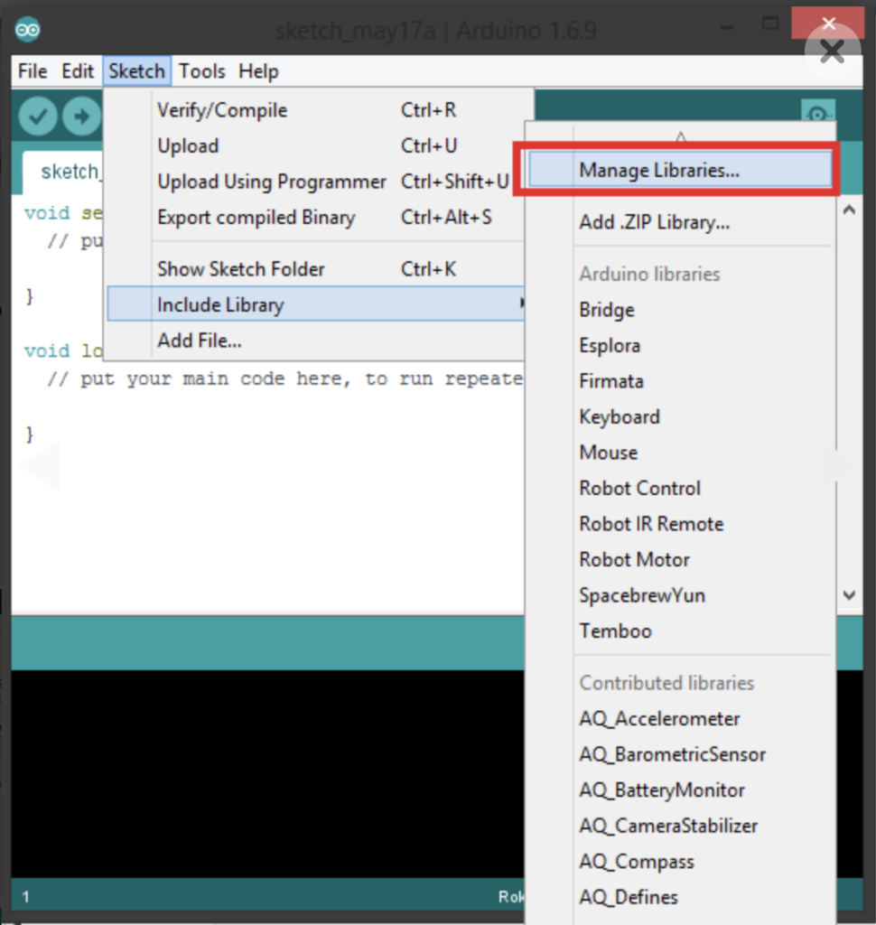 Arduino manage libraries menu