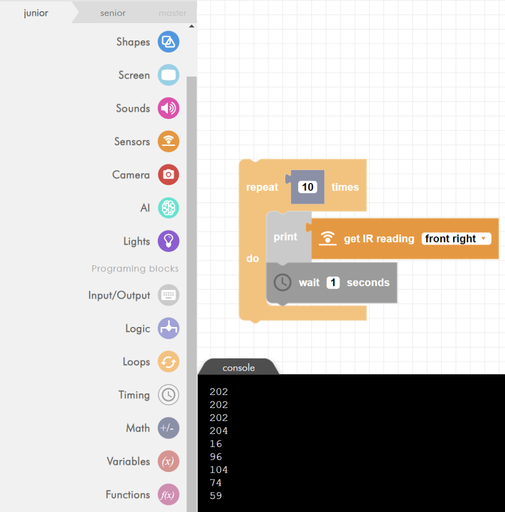 zumi blockly ir sensors loop with wait