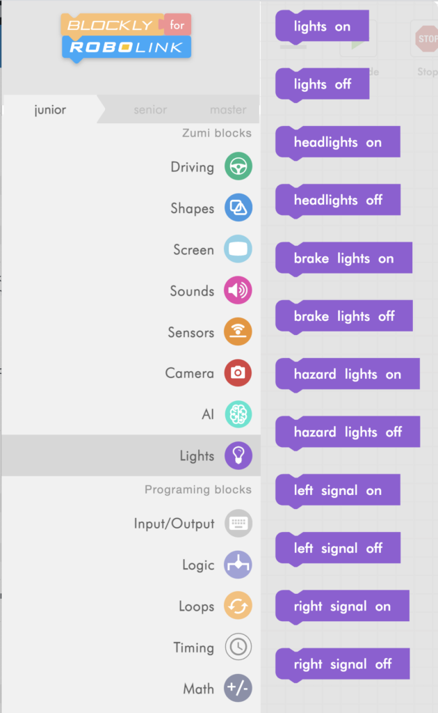 zumi blockly lights menu